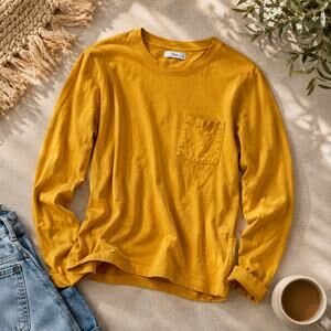Aritzia TNA Mustard Yellow Long Sleeve Pocket T-Shirt Women's Small 100% Cotton